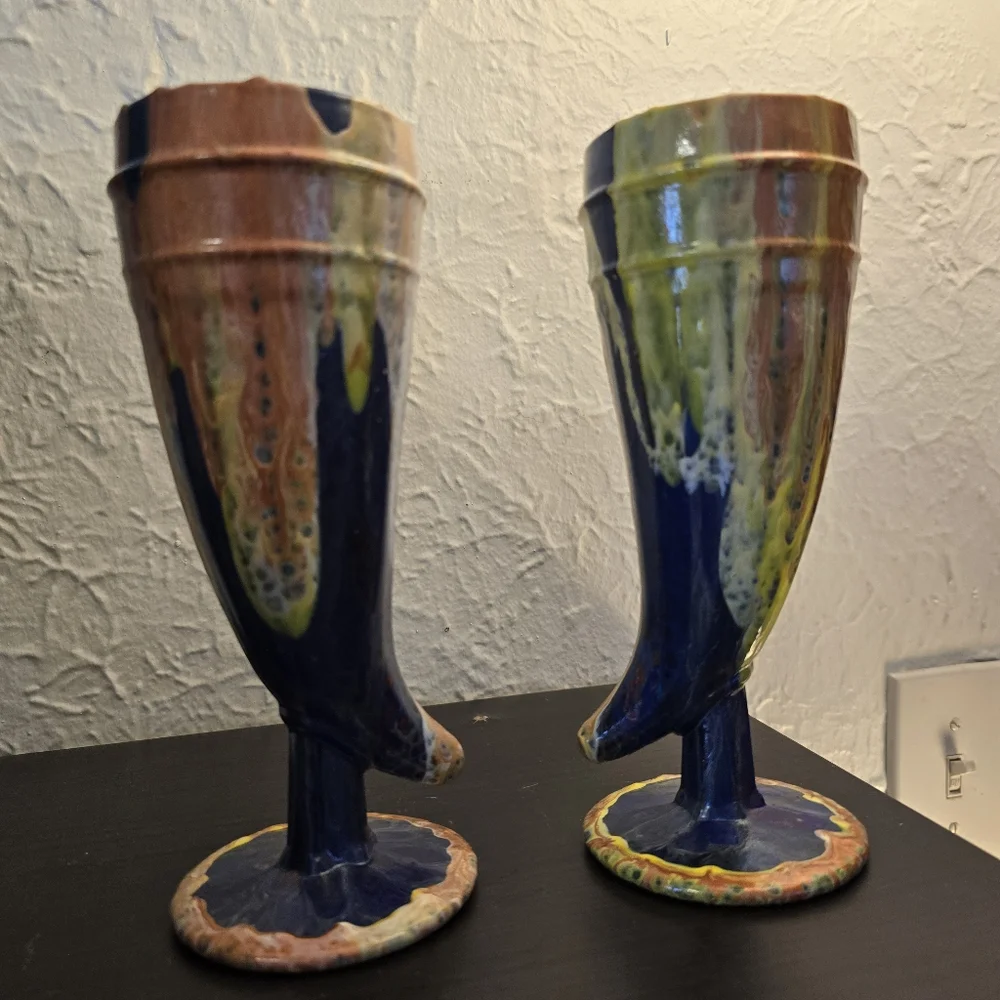2 HANDCRAFTED Upcycled Glass Goblets HANDPAINTED Abstract Viking Drinkwear Art